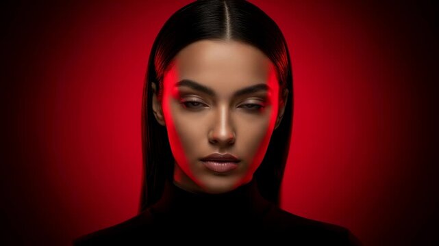 Woman with long dark hair gazing intently in dramatic red lighting. Close-up face sequence highlighting contemplative expression and warm features. Beauty portrait and emotional intensity concept.