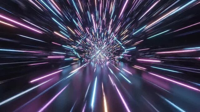 Lights and colors burst in a fast-paced display at a nighttime event in a city space with people moving about