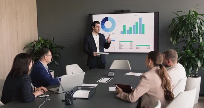 Corporate team attending in meeting as leader presenting financial charts, performance metrics on large screen. Professionals reviewing data, discuss strategy, evaluate business result during briefing
