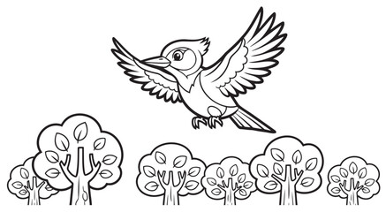 Coloring page: woodpecker flying above stylized trees &mdash; ideal for printable bird activity and nature education.