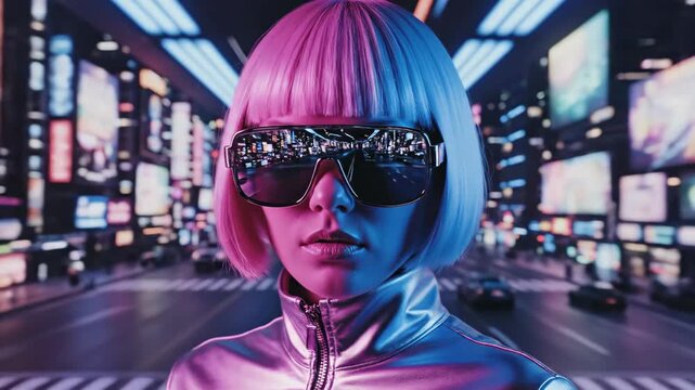 Side profile of woman in metallic outfit and futuristic sunglasses posing on neon-lit urban street. Cyberpunk night scene with vibrant blue and pink lights. Sci-fi fashion and digital city concept