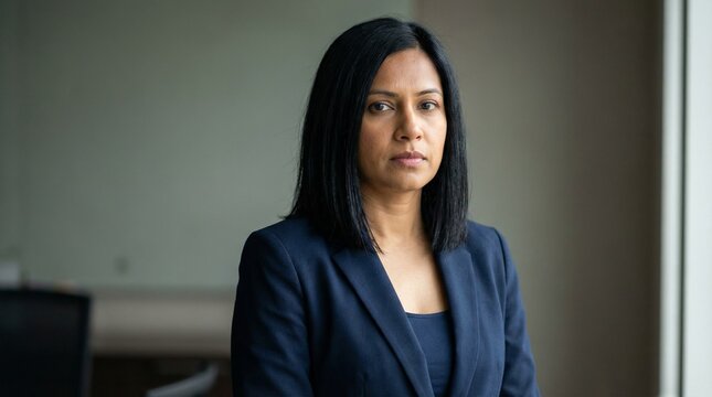Confident South Asian Businesswoman in Professional Attire Looking Directly at Camera