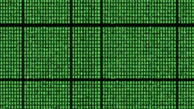 Access Denied Glitch Animation: Corrupted Data Matrix Code Background with Green Binary Digits and Digital Noise
