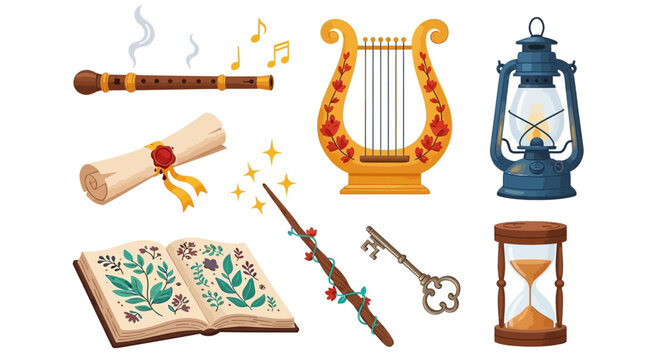 Assorted magical objects including lyre harp lantern and key arranged on white background illustrating fantasy and mysticism
