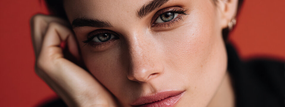 Striking Portrait of Woman with Piercing Eyes and Flawless Skin on Red