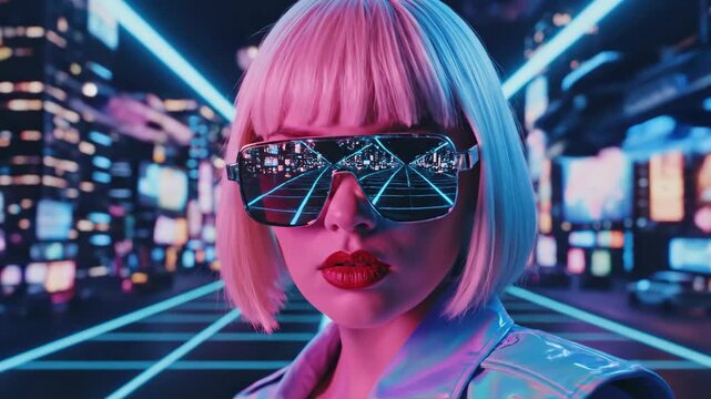 Side profile of woman with blonde bob haircut and mirrored sunglasses in neon cyberpunk city. Futuristic urban night scene with glowing lights and reflective metallic jacket. Digital fashion and