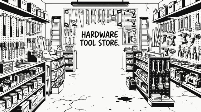 hardware tool store shop retail interior business commercial market display products customer service shopping merchandise storefront design sales urban local with equipment shelves counter machinery
