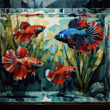 Two vibrant betta fish swimming in a tank with lush green plants