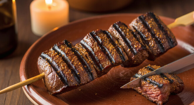 Grilled Anticuchos Beef Heart Skewer In Authentic Afro-Peruvian Rustic Setting