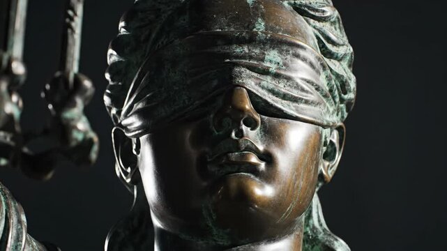 Extreme close-up of blindfolded woman in bronze statue. Sculpture representing justice and fairness. Legal impartiality concept with detailed facial features in metallic finish.
