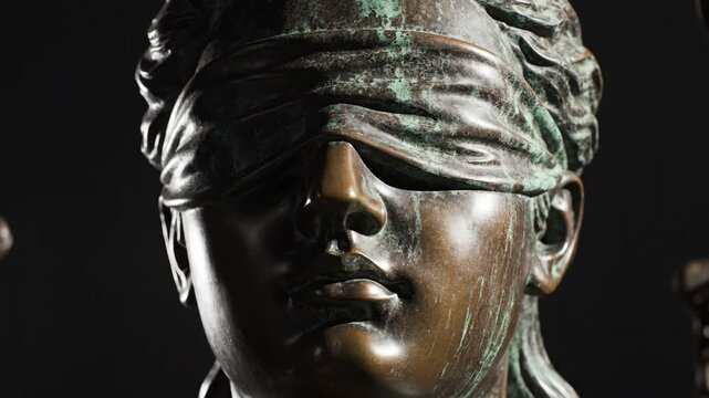 Extreme closeup of stacked bronze statues depicting blindfolded woman with scales. Justice symbol in sculpture form. Legal fairness and impartiality concept in metallic art detail.