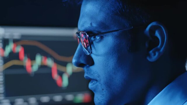 In a vibrant room lit by screens, a dedicated trader studies stock charts with intense concentration. Numbers and trends reflect on his glasses as he tracks the market.