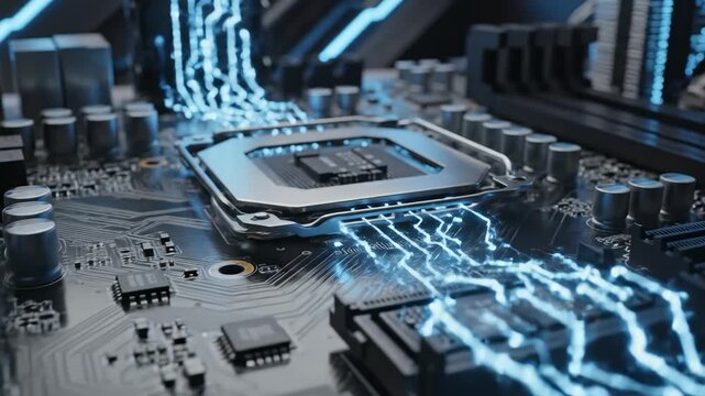 Experience the heartbeat of innovation with a stunning view of a motherboard illuminated by electric blue energy. See the intricate design and components come alive in a symphony of light.