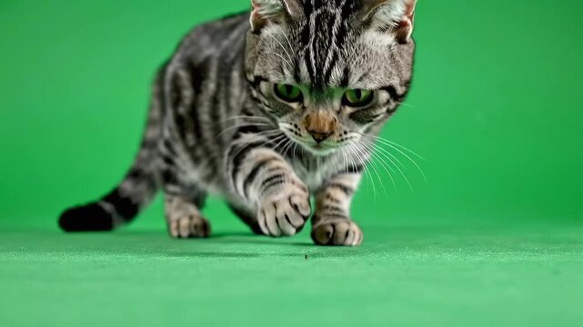 A gray and black tabby cat crouching and reaching forward on a green screen background. Perfect for animal, pet, or wildlife content.