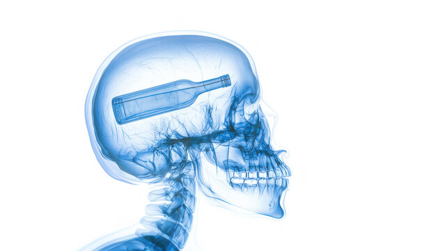 Skull X-ray with silhouette of bottle inside - concept of alcoholism, obsessive thoughts