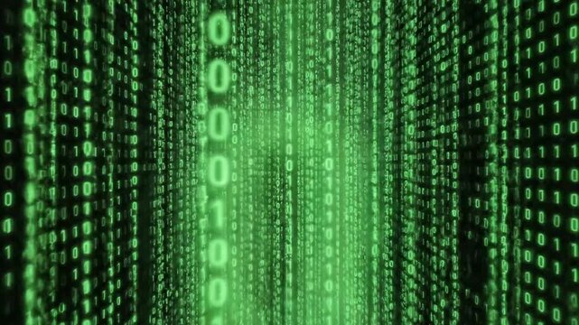 Falling Green Binary Code as Digital Rain on a Dark Background, Representing Data Stream and Cybersecurity.