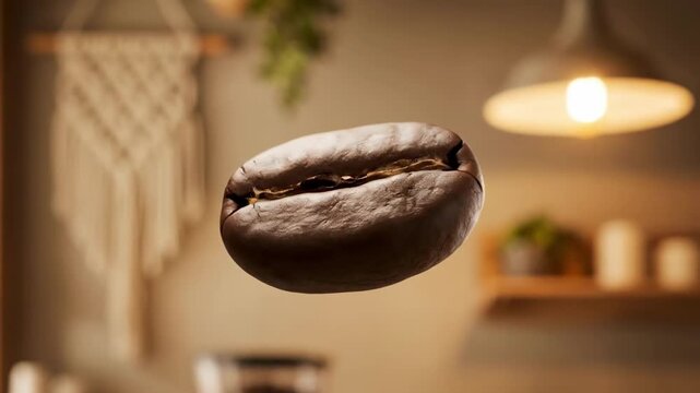 Roasted coffee bean floating in a cozy cafe background