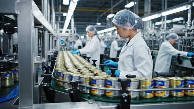 Food factory workers in sterile suits inspecting canned goods on a production line