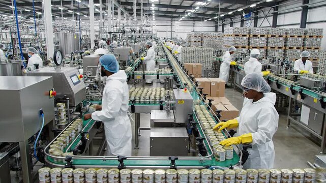 Food production line in a modern factory with workers packaging canned goods