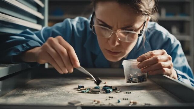 Scientist examining small objects in laboratory setting.