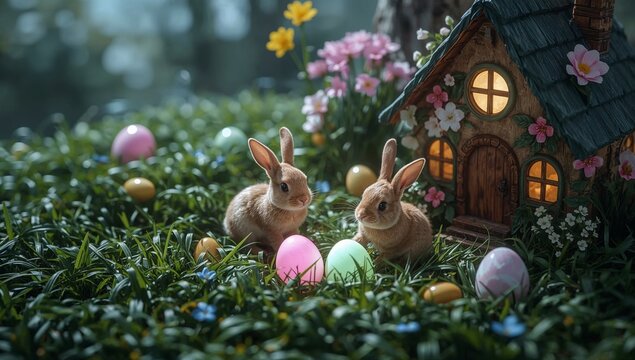 Adorable bunnies with glowing Easter eggs in fairy garden miniature house 