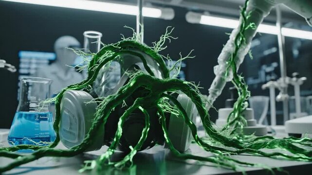 Scientists in lab researching green glowing substance in beakers and test tubes.