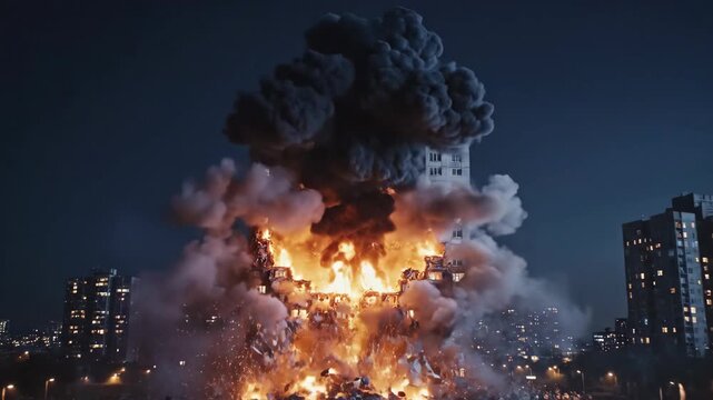 Cinematic wide shot of building exploding in urban nightscape. Fire and debris erupting from structure. Dramatic destruction sequence for action visuals