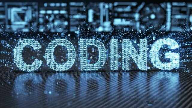 Watch captivating animations where coding words emerge and dissolve in stunning water effects against a high-tech background. This vibrant digital art portrays innovation and creativity.