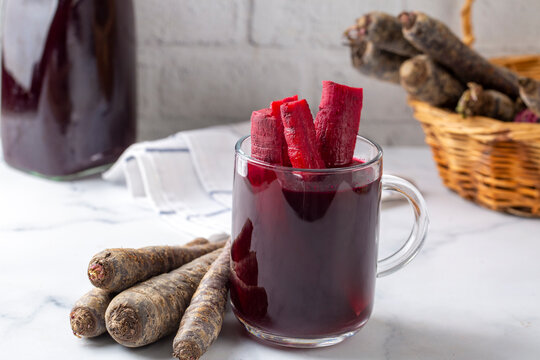 Salgam or fermented beet juice. Popular Turkish drink. Traditional beverage made with water, purple carrot or turnip (juice).