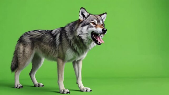 A gray wolf aggressively barks and shows its teeth against a green screen, creating a menacing effect.