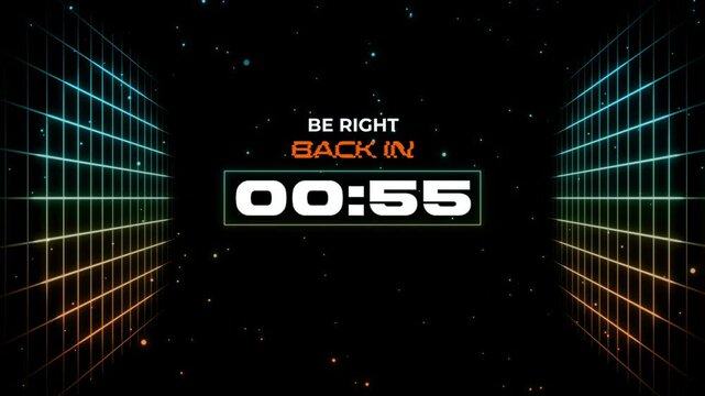 Retro 80s Synthwave Be Right Back Countdown Overlay with Neon Grids