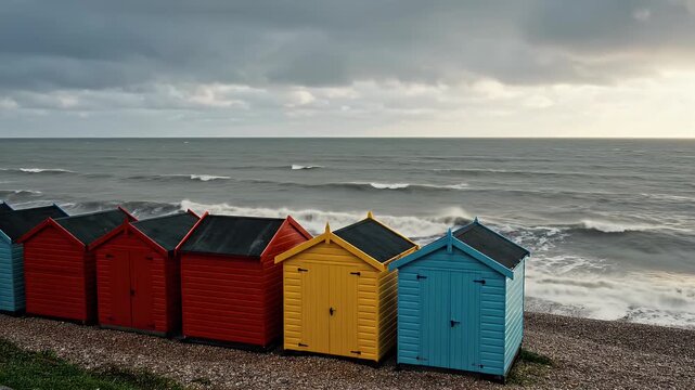 Colorful beach huts stand on a pebble shore before a stormy ocean