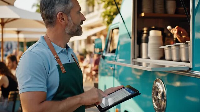 Food truck owner using tablet to manage orders and menu in outdoor cafe setting