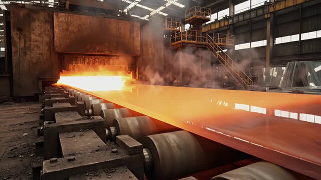 Hot metal sheet being processed on rollers in a factory