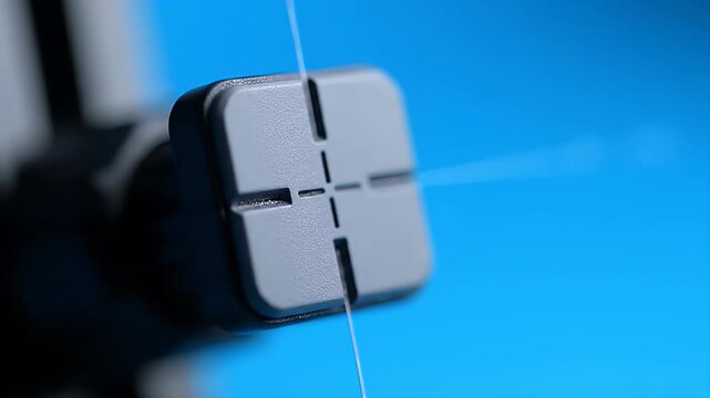 A light gray square button with a crosshair pattern is shown against a bright blue background