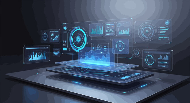 Futuristic laptop displaying a holographic interface with data analytics and financial dashboards in a dark high-tech environment.