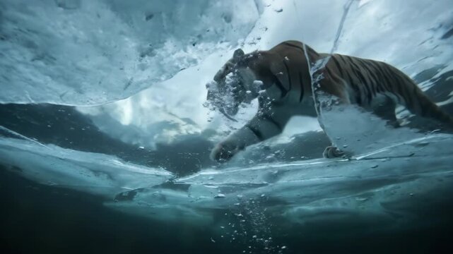 Powerful sabertoothed tiger prowls across frozen ice in dramatic wide angle view