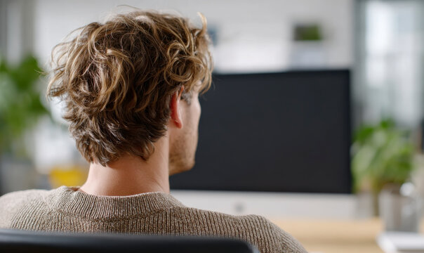 Man work at desk, back of head. Modern office background. Focus on hair