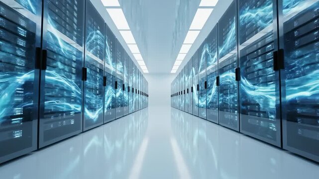 Witness a captivating journey through a high-tech data center where rows of servers create a mesmerizing display of lights and energy. Experience the future of technology.