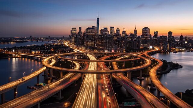 Cityscape at dusk with a complex highway interchange and illuminated skyscrapers