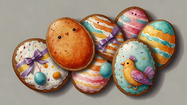 Watercolor drawing of colorful painted Easter gingerbread cookies in the shape of eggs and cute chicks top view. Festive Easter card, cookies, background