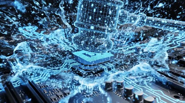 Futuristic glowing gavel materializing on circuit board with energy burst. Digital justice symbol in cyber law animation. Holographic technology concept for modern legal enforcement.