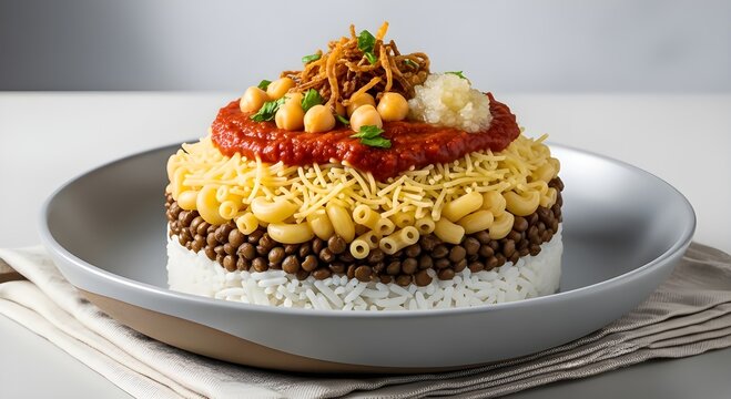 Authentic Egyptian Kushari with layered rice, lentils, macaroni, tomato sauce, chickpeas, and crispy fried onions on a grey plate.