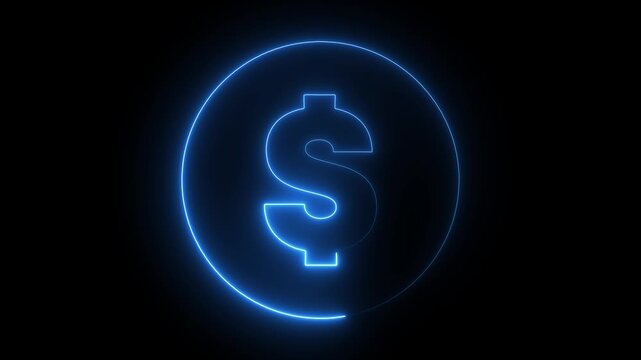 Glowing neon dollar line icon animation on black background, futuristic money symbol representing finance, wealth, profit, business, and digital economy