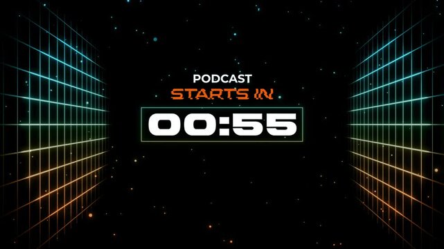 Retro 80s Synthwave Podcast Starts in Countdown Overlay with Neon Grids
