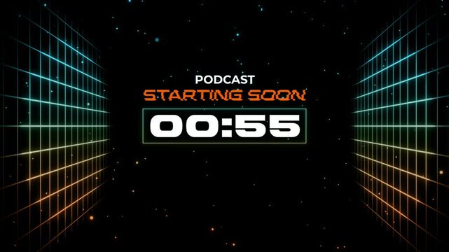 Retro 80s Synthwave Podcast Starting Soon Countdown Overlay with Neon Grids