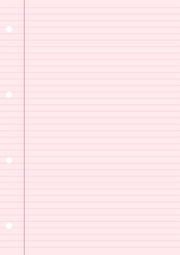 Pink Lined Notebook Paper Sheet with Red Margin and Holes.