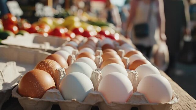 Fresh farm eggs in cartons displayed at an outdoor market stall with produce in background