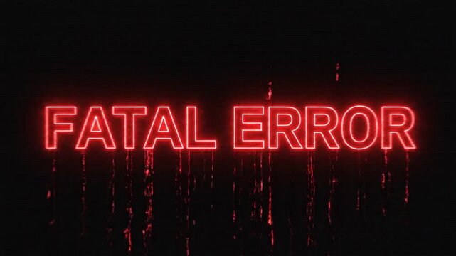 Fatal Error Glitch Digital Text Distortion on Black Background, Technology Neon Red Light Warning Screen Abstract Motion Graphic