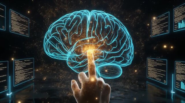 Holografisches Gehirn mit Touchinterface &ndash; KI-Concept f&uuml;r Tech-Werbung